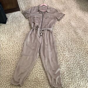 Casual Tan Jumpsuit with Elastic Waist and Tapered Legs